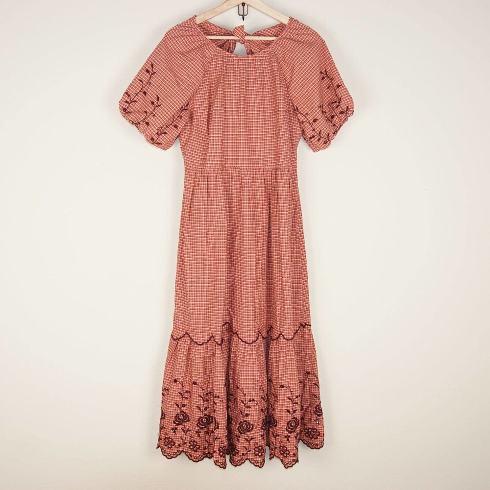 NEW Madewell Embroidered Bubble Sleeve Red Checker Print Midi Dress Womens Sz 8